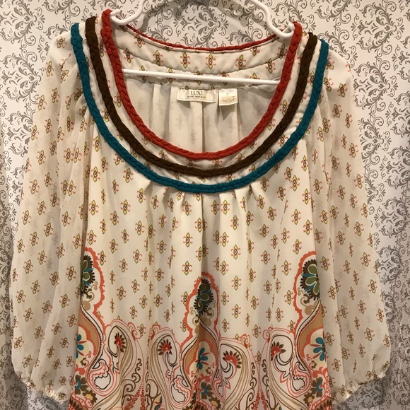 Very Gently Used Luxe by NYC Design XL Blouse 1/2 sleeve browns turquoise orange - Picture 1 of 3